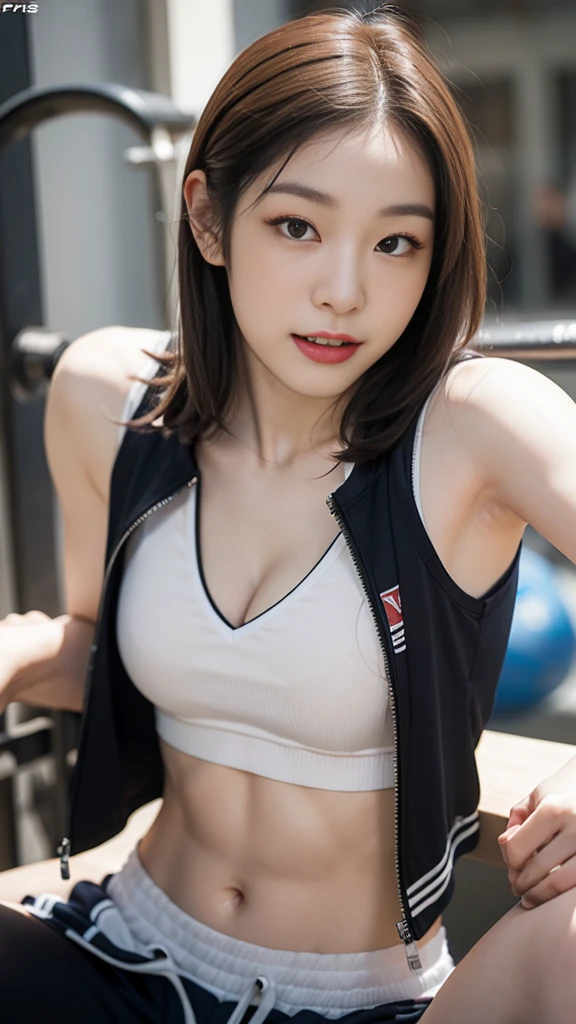 Highly detailed CG unity 8k wallpaper, of the highest quality, Super detailed, masutepiece, Realistic, photographrealistic, extremely detailed cute girl, 25yo, cleavage , (perspired) , Round eyes, peeping at the viewer, Blush, Smile, parted lip, Semi-body shot , Realistic、track suit、Realistic reproduction with vests , Panties , Squat, sports gym, short hair