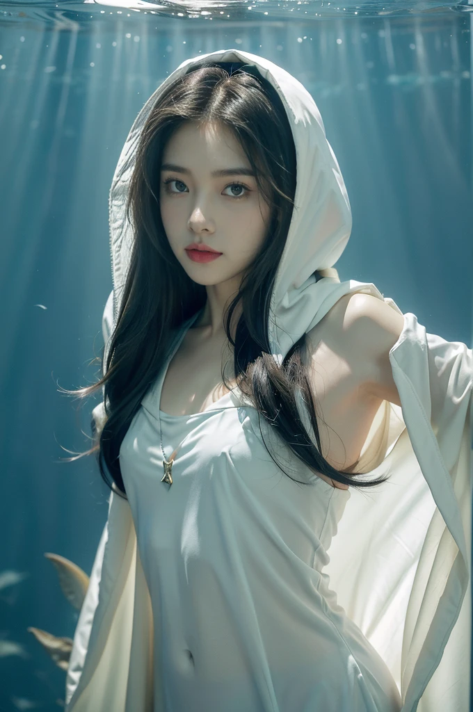 (((best quality))),(((ultra detailed))),(((masterpiece))),illustration,(1 beautiful girl,shark girl,solo),((slim,thin,small breasts,flat chest)),aquarium,summer night,(sleek sharkhead-hooded shirt-dress:1.3),shimmering hues,enchanting aura,(shoulder length straight bob hair:1.2),ocean-blue locks,shiny seaweed,porcelain skin,neon lights,emerald eyes,sharp gaze,delicate shark fin,translucent membrane,dancing fish,vibrant colors,undulating water,salty scent,distant waves,coral reef,gentle shadows,serene ambiance,electric atmosphere,Alezandra,oceanic magic,allure,enchantment,vision,extraordinary presence,((from front,upper body))