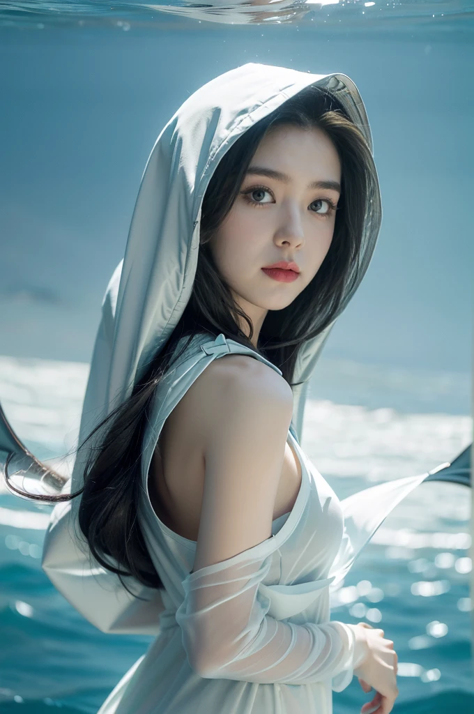 (((best quality))),(((ultra detailed))),(((masterpiece))),illustration,(1 beautiful girl,shark girl,solo),((slim,thin,small breasts,flat chest)),aquarium,summer night,(sleek sharkhead-hooded shirt-dress:1.3),shimmering hues,enchanting aura,(shoulder length straight bob hair:1.2),ocean-blue locks,shiny seaweed,porcelain skin,neon lights,emerald eyes,sharp gaze,delicate shark fin,translucent membrane,dancing fish,vibrant colors,undulating water,salty scent,distant waves,coral reef,gentle shadows,serene ambiance,electric atmosphere,Alezandra,oceanic magic,allure,enchantment,vision,extraordinary presence,((from front,upper body))