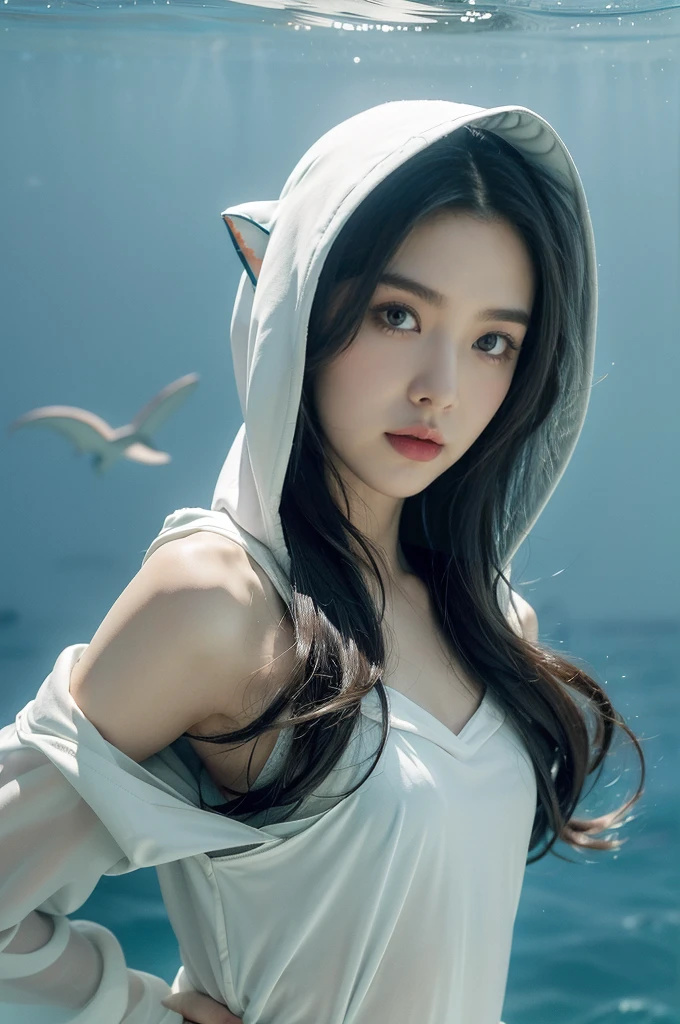 (((best quality))),(((ultra detailed))),(((masterpiece))),illustration,(1 beautiful girl,shark girl,solo),((slim,thin,small breasts,flat chest)),aquarium,summer night,(sleek sharkhead-hooded shirt-dress:1.3),shimmering hues,enchanting aura,(shoulder length straight bob hair:1.2),ocean-blue locks,shiny seaweed,porcelain skin,neon lights,emerald eyes,sharp gaze,delicate shark fin,translucent membrane,dancing fish,vibrant colors,undulating water,salty scent,distant waves,coral reef,gentle shadows,serene ambiance,electric atmosphere,Alezandra,oceanic magic,allure,enchantment,vision,extraordinary presence,((from front,upper body))