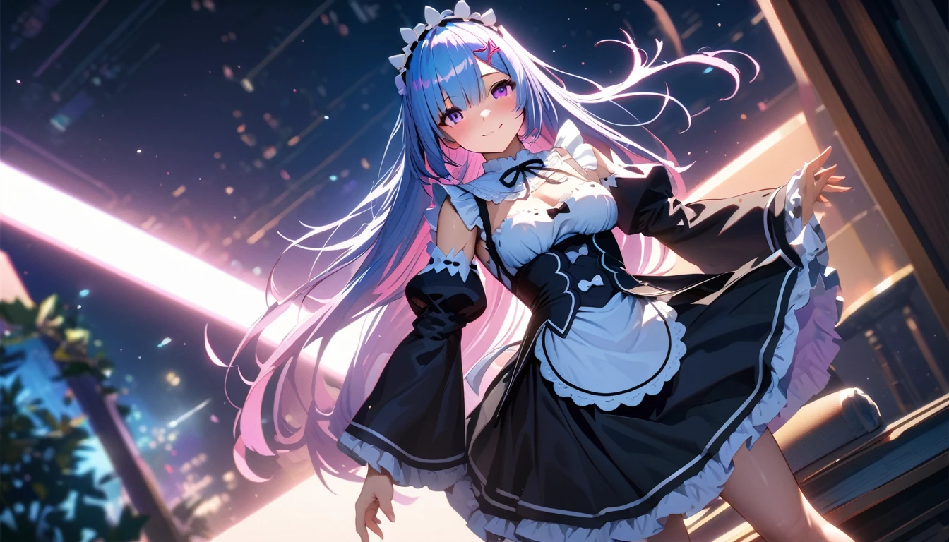 rem, Re:NULL, A high resolution, ultra detailed,((pixel perfect, perfect in detail))), aboutдин, 1 girl,  REM sleep, Roswaal Mansion Maid Uniform, maid headdress, Looking at the viewer, smile, ., High view, particles and hard light, cut corner. depth of field、natural soft light、professional lighting、aboutтличная smile、(highly detailed skin: 1.2)、Photorealistic render of an anime girl、Bright highlights of the eyes、Ideal Anatomy、Crotch open、shy、legs spread、Panties visible、Shiny body, oily, erectile nipple))、permission 8k、complex parts、Toned waist、Wide buttocks、Эффект Тиндаллаmasuter piece、top quality、Highest standards、Highest image quality、table、complex parts、A high resolution、depth of field、natural soft light、professional lighting、about, standing, very long hair, cowboy shot, brilliant, brilliant hair, (night:1.2),Dreamy, [[gentle fingers and hands:0.55]::0.85],(detailed fingers),),(emotional),(breathtaking),(main part:1.2) whole body.), (Anime Style), (Super Detailed), (brutal), (uhd, HDR), (8K), (High Resolution: 1.2), (Complex and Beautiful: 1.2)