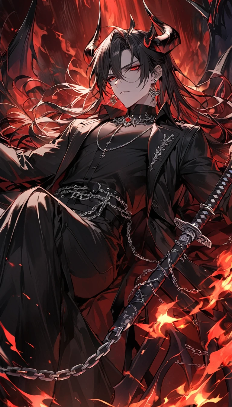 alone, good looking, 1 male, Long hair, Middle parted, Black hair, Red eyes, Black shirt, White Thailand, Black Trench Coat, Royal Silver Jewellery, Royal Demon Earrings, Black horns, Demon Crown, Demonic Katana, Chain, On Back, Demonic Black flames Aura