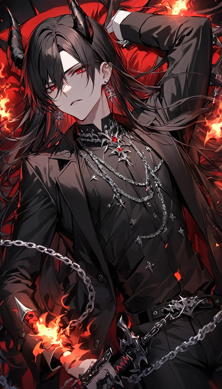 alone, good looking, 1 male, Long hair, Middle parted, Black hair, Red eyes, Black shirt, White Thailand, Black Trench Coat, Royal Silver Jewellery, Royal Demon Earrings, Black horns, Demon Crown, Demonic Katana, Chain, On Back, Demonic Black flames Aura