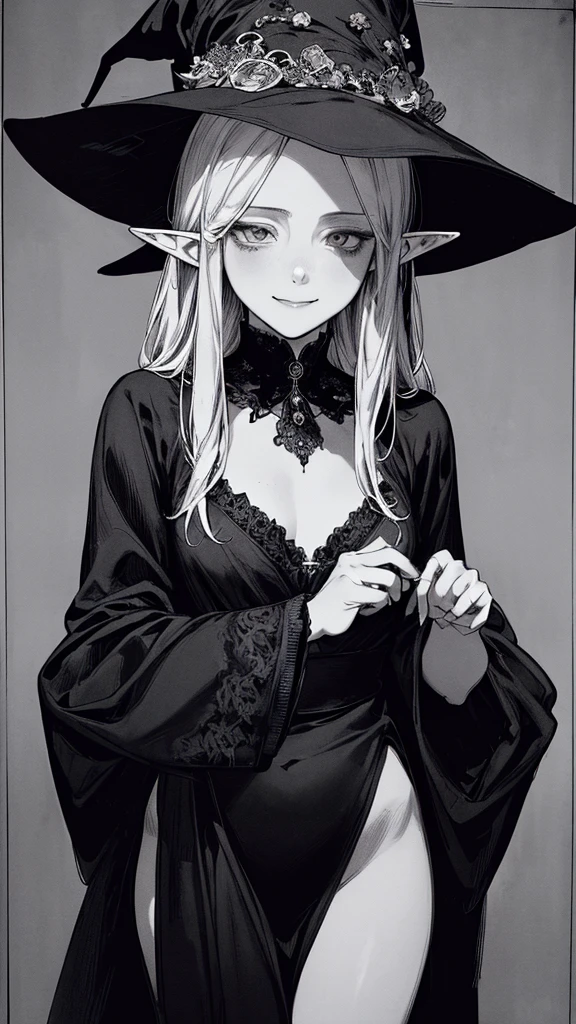 Highest quality, (Background details), High Contrast, so beautiful, Detailed original illustrations, Sensual, , witch, witch hat, Black Robe, Elf, Delicate face, charm, Spoiled brat, sexy, Real breasts, Small breasts、Crazy Smile, Crazy Eyes, Black background, (Black background: 1. 5) Beautiful line art, Monochrome