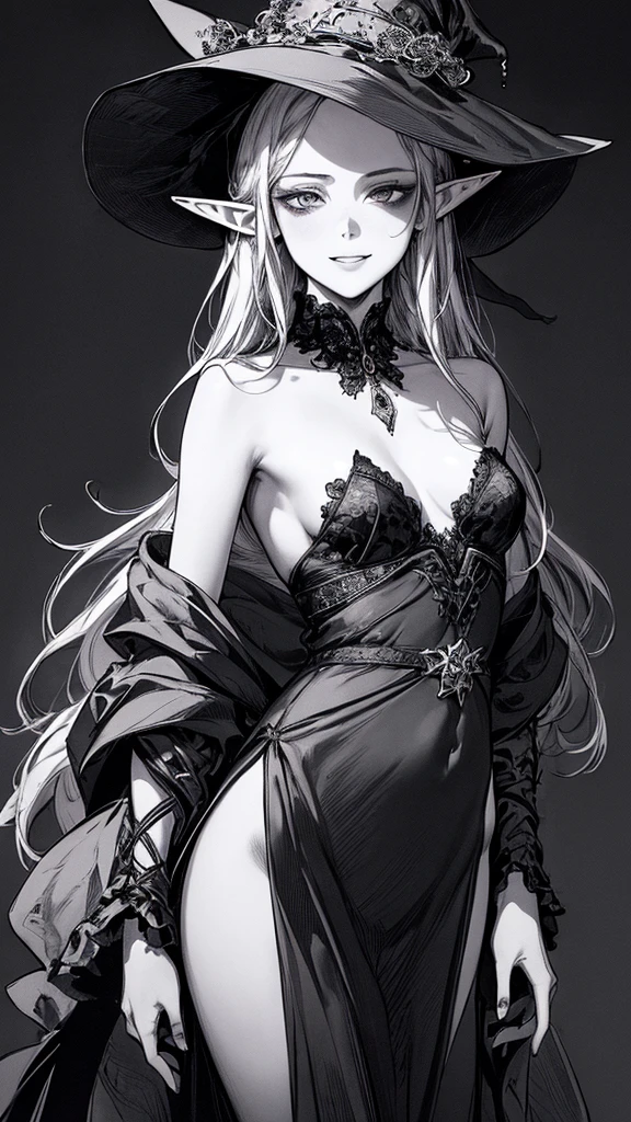 Highest quality, (Background details), High Contrast, so beautiful, Detailed original illustrations, Sensual, , witch, witch hat, Black Robe, Elf, Delicate face, charm, Spoiled brat, sexy, Real breasts, Small breasts、Crazy Smile, Crazy Eyes, Black background, (Black background: 1. 5) Beautiful line art, Monochrome