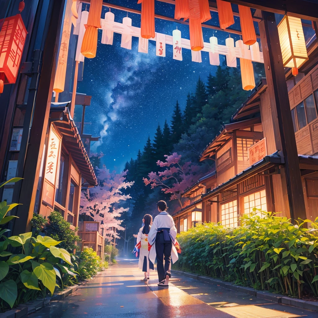 Tanabata in the night sky　Girls and men in Chinese style kimonos（lover）　Bamboo forest and paper strips　Have shaved ice　restaurant　Multiple display monitors in the background（anime　）　Aquarium（Goldfish）