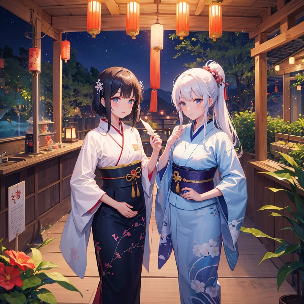 Tanabata in the night sky　Girls and men in Chinese style kimonos（lover）　Bamboo forest and paper strips　Have shaved ice　restaurant　Multiple display monitors in the background（anime　）　Aquarium（Goldfish）