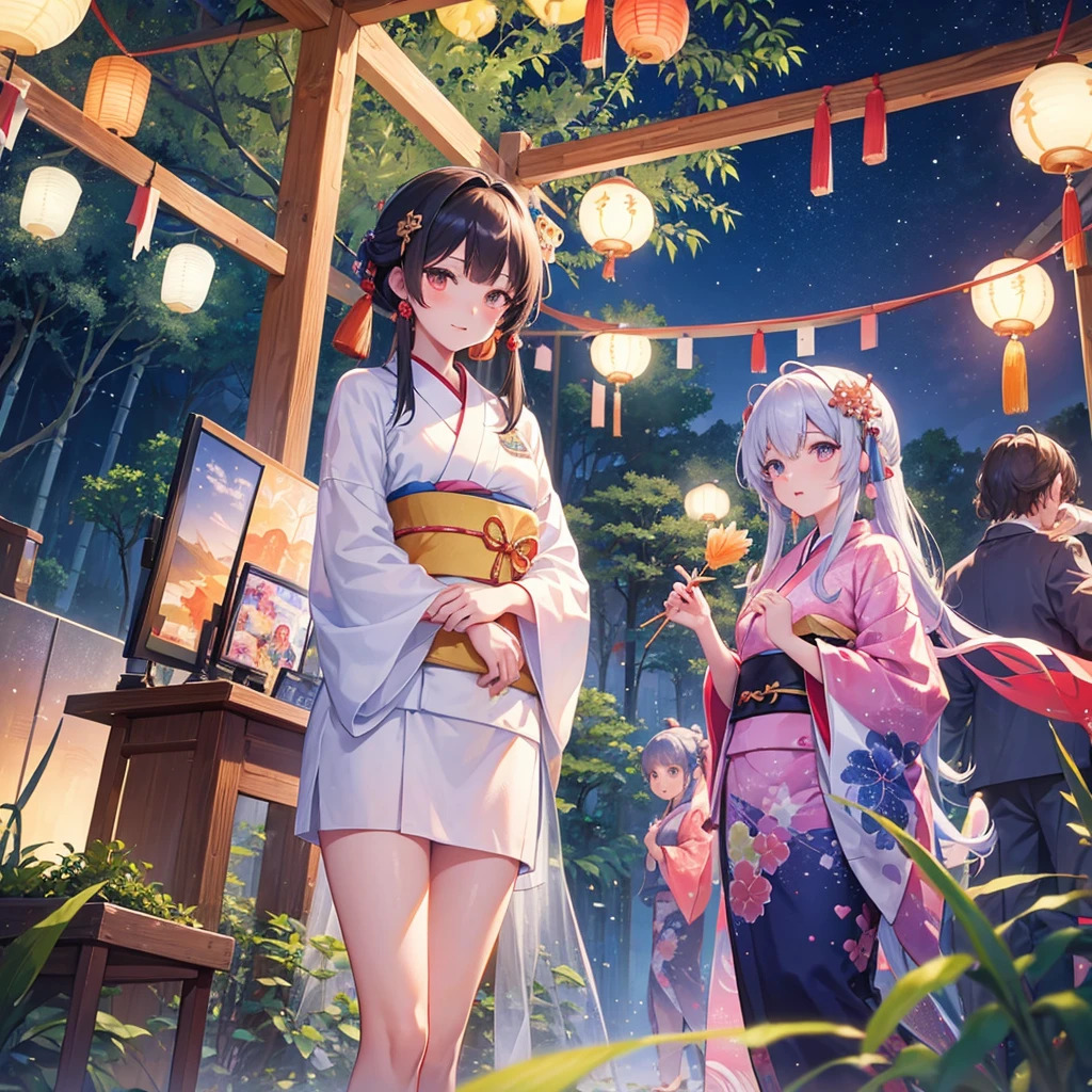 Tanabata in the night sky Girls and men in Chinese style kimonos(lover) Bamboo forest and paper strips Have shaved ice restaurant Multiple display monitors in the background(anime ) Aquarium(Goldfish)