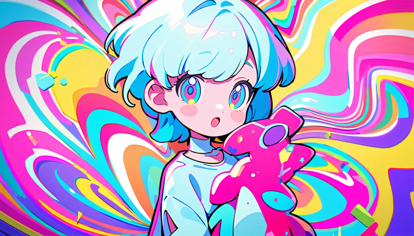 Vibrant art,pop、bright、colorful, 1 female, Light blue hair,　short hair、Happy,cute, animation style, kawaii, clearly, colorful cyberpunk, bubblegum pop, cute、Pink and light blue as main colors、I&#39;m cheering loudly、　Headphonesをしている、Headphoneusic、buzzer、buzzer, tropical,