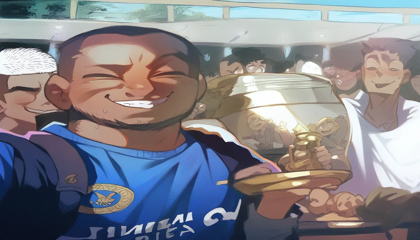 smiling man holding a trophy in front of a group of people, wining, edited, by Ingrida Kadaka, inspired by Willian Murai, celebration, by Dan Content, 1 st winner, mohamed chahin, by Willian Murai, edward buba, high quality upload, with a happy expression, adward winning, competition winning, celebrating