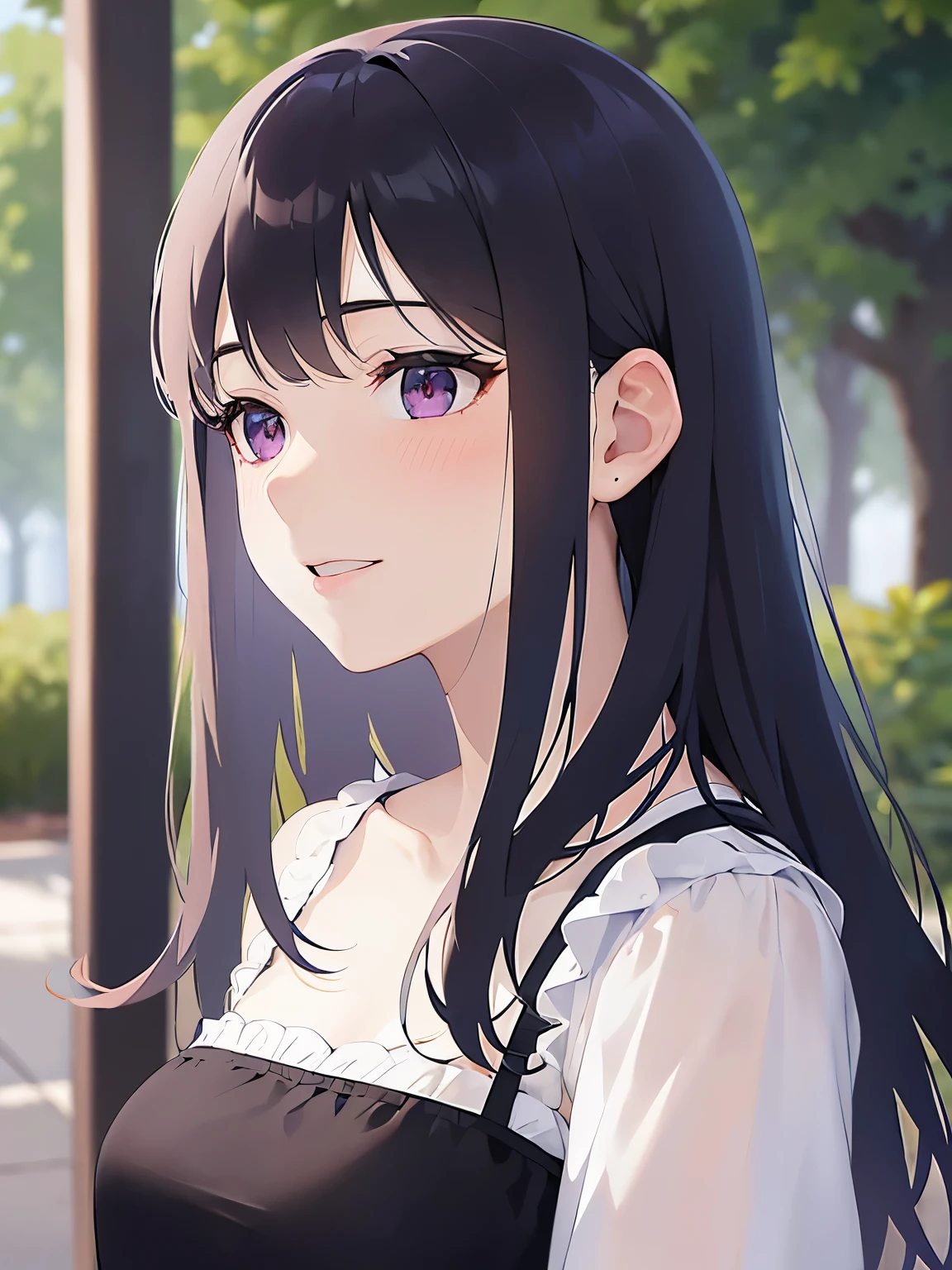 Detailed CG, Ultra-fine illustrations,masterpiece,Highest quality, AW Photo,(Pale skin:1.2),Glossy skin, shiny hair,(A 26-year-old woman with straight hair and bangs)and(Medium Hair)and(Black Hair)and(Purple eyes)BREAK(white:1.5)and(off shoulder blouse:1.5)BREAK,(Laughs and Tears:1.3),(upturned eyes),Background is a park at midnight,alone,(hand on own face:1.2),(Biologically correct5Finger),Cleavage