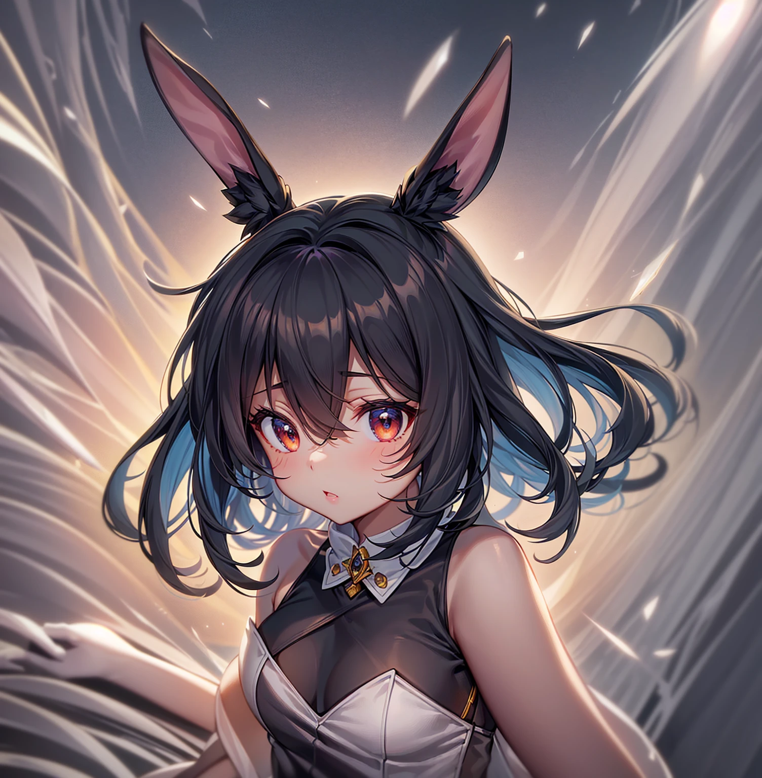 (Bunny girl),Cute little ,Tiny ,Small girl,,Childish face, Very fine clean face,Top quality,Black Hair,(Dark Room), Subtle light, Natural light,Soft lighting,Light from directly behind, (Are standing),With bust up,Front view,Black background