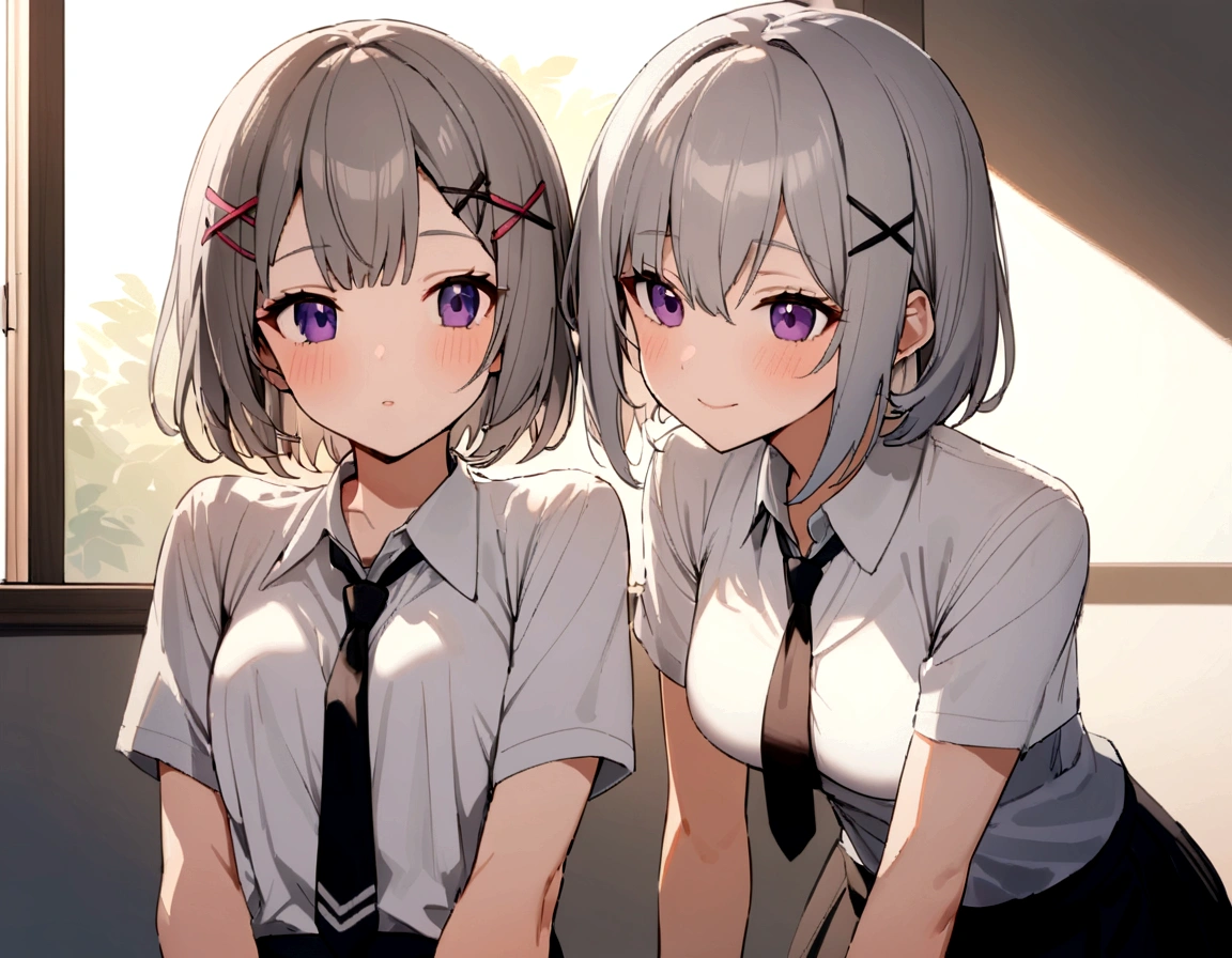 1人のgirl, short hair, (Gray Hair:1.2), X Hair Ornament, Purple eyes,tie, girl,One person, Collared shirt, White shirt, Short sleeve, Pleated skirt, student, Highest quality, masterpiece, High resolution, summer,