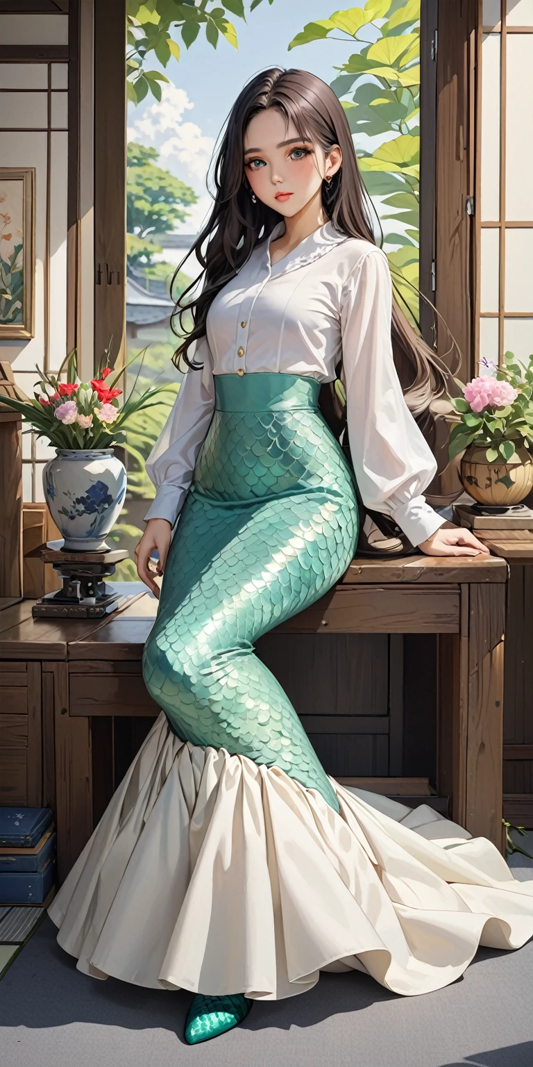 Portraiture、(masterpiece,Highest quality,Ultra-high resolution),Japanese women, (((Very beautiful 25 year old girl))),Lightweight long-sleeved blouse、((High waist mermaid skirt))、Skirt length to ankle