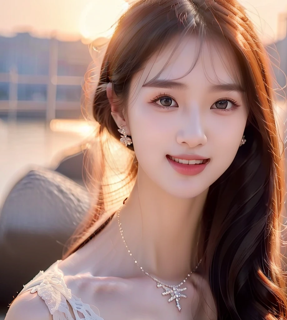 Beautiful and lovely 24-year-old girl,Highest image quality,Beautiful graphics,Tyndall effect,big eyes,Long eyelashes,White openwork lace,With clavicle,Black long hair,Perfect facial features,Clear face,Delicate lips,Wearing dazzling earrings on the ears,A diamond necklace is worn around his neck,Smile,sunrise,海边sunrise的美丽背景,Soft lighting,modern,Realistically,front,Facing the camera,The face proportions are suitable for the picture,High-definition pixels