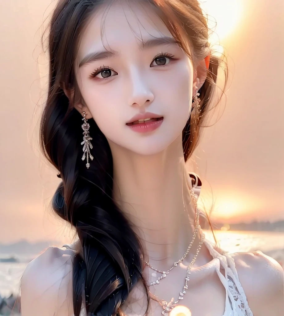 Beautiful and lovely 24-year-old girl，Highest image quality，Beautiful graphics，Tyndall effect，big eyes，Long eyelashes，White openwork lace，With clavicle，Black long hair，Perfect facial features，Clear face，Delicate lips，Wearing dazzling earrings on the ears，A diamond necklace is worn around his neck，Smile，sunrise，海边sunrise的美丽背景，Soft lighting，modern，Realistically，front，Facing the camera，The face proportions are suitable for the picture，High-definition pixels