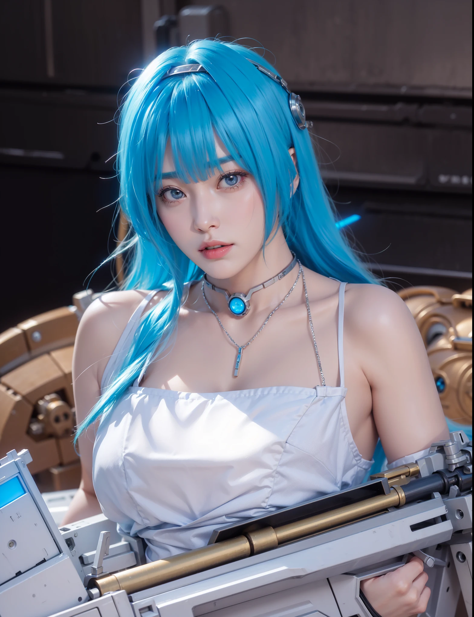 Futuristic high-tech style，best quality,Fairy Skin,(every time :1.2),eternal,Very detailed,Practical,high quality,Light,Light线追踪,Ultra HD,Upper Body, Future Iron Man Mech，shooting，Battery，Transmitter，Large caliber artillery，Rostlan 8K，Armored Girl,Wearing a cyberpunk technology helmet，星际战甲helmet，With breathing Light，The armor of the future shines，Armed Cannon，High-tech armor，helmet，Mechanical，transformer