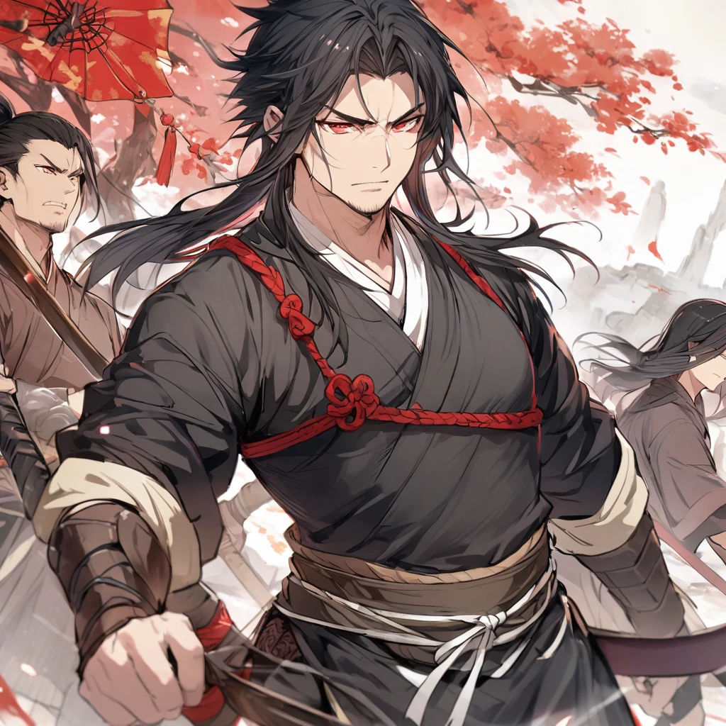 Red eyes, black hair, middle-aged, Chinese, warrior