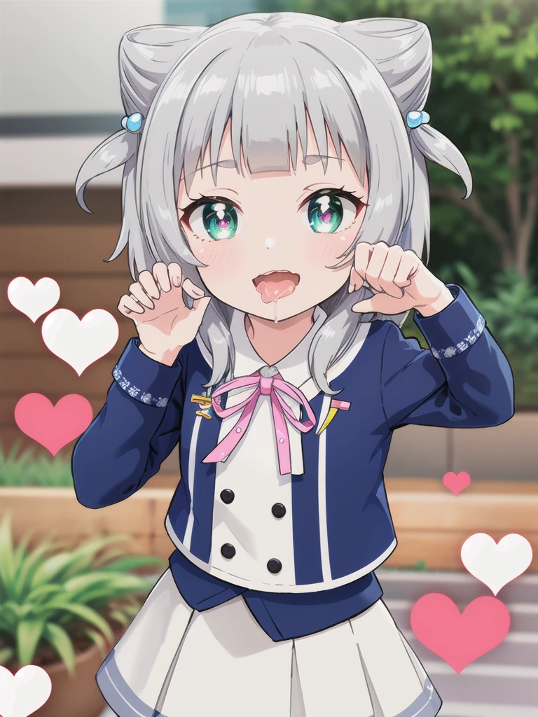 Outdoor,((the way)),, 1girl,Green Eyes, Grey Hair, hair ornaments, bangs, Virtual YouTuber,smile,heart shaped pupils, blunt bangs, Double Bang, Animal ears, Flat Chest,uniform,Navy Blue Blazer,White shirt,Pink ribbon,Grey Skirt,,(claw pose),Open your mouth wide,upper body,Dripping saliva
