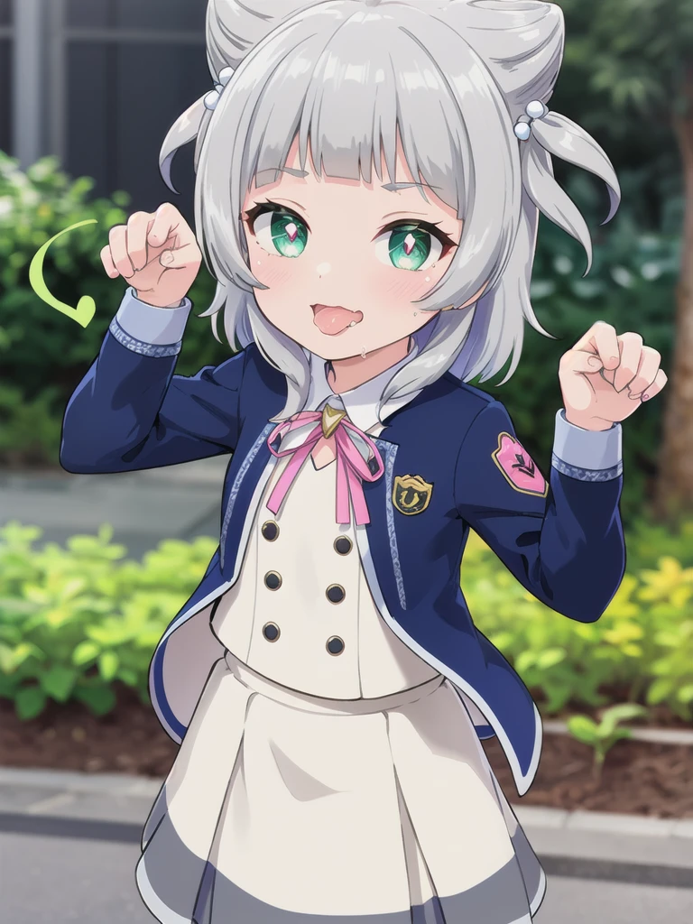 Outdoor,((the way)),, 1girl,Green Eyes, Grey Hair, hair ornaments, bangs, Virtual YouTuber,smile,heart shaped pupils, blunt bangs, Double Bang, Animal ears, Flat Chest,uniform,Navy Blue Blazer,White shirt,Pink ribbon,Grey Skirt,,(claw pose),Open your mouth wide,upper body,Dripping saliva