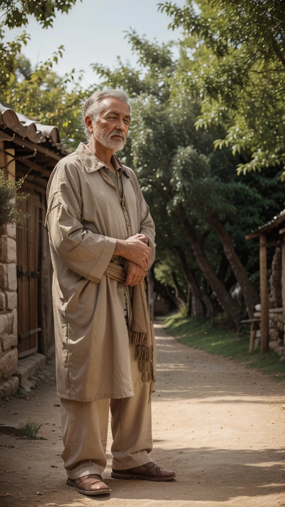 Create the image of a wise man talking to a man in a village. trees in the background of the image.
