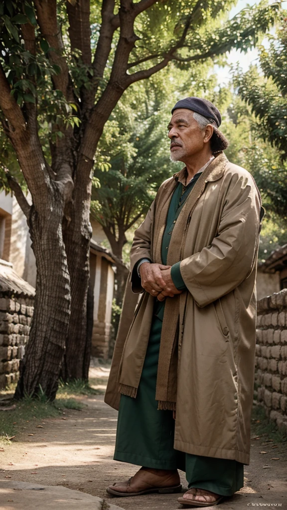 Create the image of a wise man talking to a man in a village. trees in the background of the image.