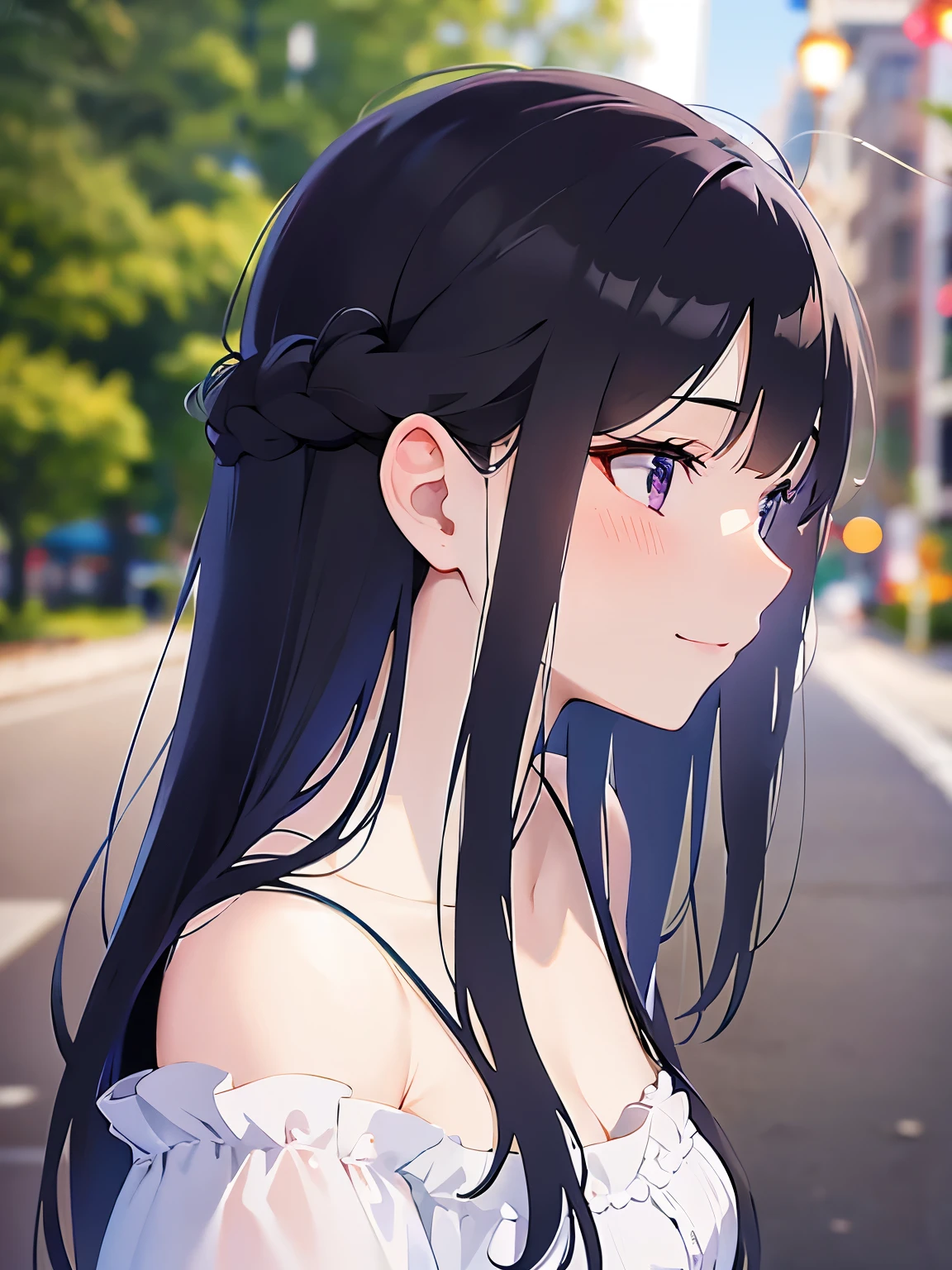 side angle, (looking away:1.5), Realistic, real person, (pale skin: 1.2), RAW photo, photorealistic, shiny skin, shiny hair、(A 25-year-old woman with straight hair and bangs) and (medium hair) and (black hair) and (purple eyes) , (white) and (off shoulder blouse)、(smile), (blush:1.3), The background is a park、Alone