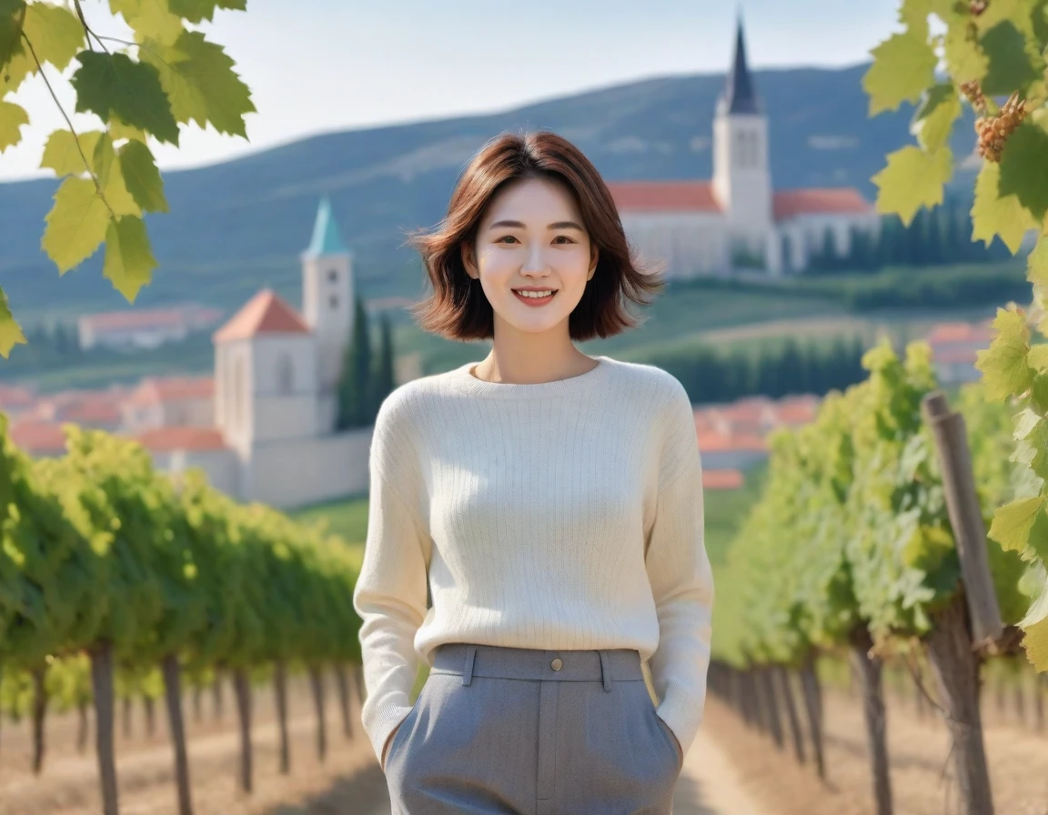 8k best picture quality, Beautiful 36-year-old Korean woman, Chest size 34 inches, View of a cathedral next to a vineyard in the Croatian countryside, Back background realistic and vivid image quality, Short and medium hair blowing in the wind, Wearing high-end luxury brand casual jumpers and pants, smile slightly. The background is clear