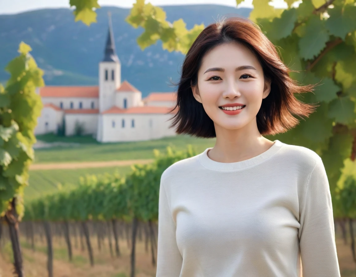 8k, ultra high resolution, best quality, masterpiece, ,surreal, picture, 1 woman, (36 years old:1.3), Pretty Woman, Cute face, a woman:1.2, 36 years old 한국 여성, Inspired by Son Ye-jin. whole body ,Light pink collared shirt and short luxury brand cardigan, casual pants, Italian countryside vineyard road, foggy vineyard at dawn, A cathedral can be seen in the distance in the fog., look up at the sky , Full of cleanliness,a relaxed smile,heal the heart, short medium hair,Beauty, smile a little、(((ideal body type))),A cup small breasts :2, 캐논 16-35 광각렌즈 멀리 whole body샷, Show the pants part, Vivid picture quality, clearly, walking on a path, whole body 보이게, Short hair