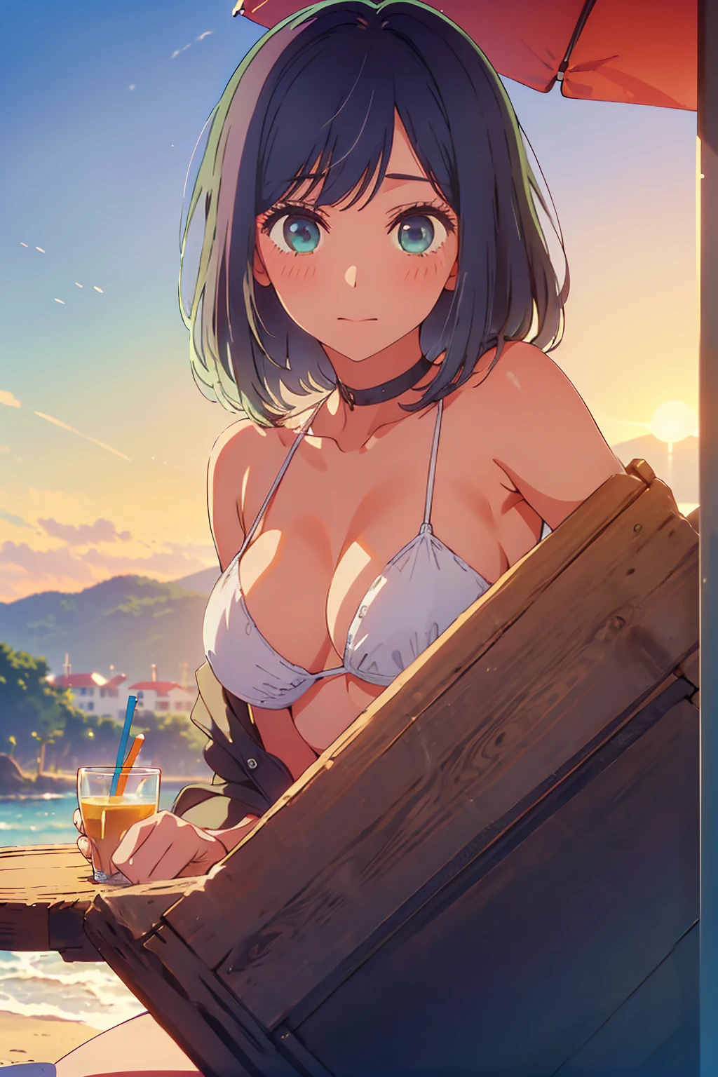 (Highest quality:1.4、masterpiece:1.4、Super detailed:1.4、8K:1.4)、Slim body、((((1 person、Surprised expression、sit、Outdoor café terrace、coastal、juice、table、Sandy Beach、bikini、juiceのグラスを持つ、Big eyes、Shallow depth of field、Very cute face))))、(((sunset、Sunset)))、(((bikiniサイズは小さい)))、F cup bust、Big Breasts、Get up close and take a photo、Areola protrudes