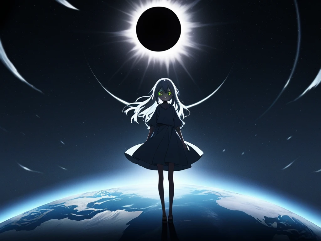 ((highest quality)), ((masterpiece)), ((detailed)), A manga anime cover with high quality. Central persistent girl character with bright eyes, determination, and a black aura around her, in a conflict pose. Distorted view of the earth in the background. Title: "Solara Eclipse: A Corrupção do Destino".
