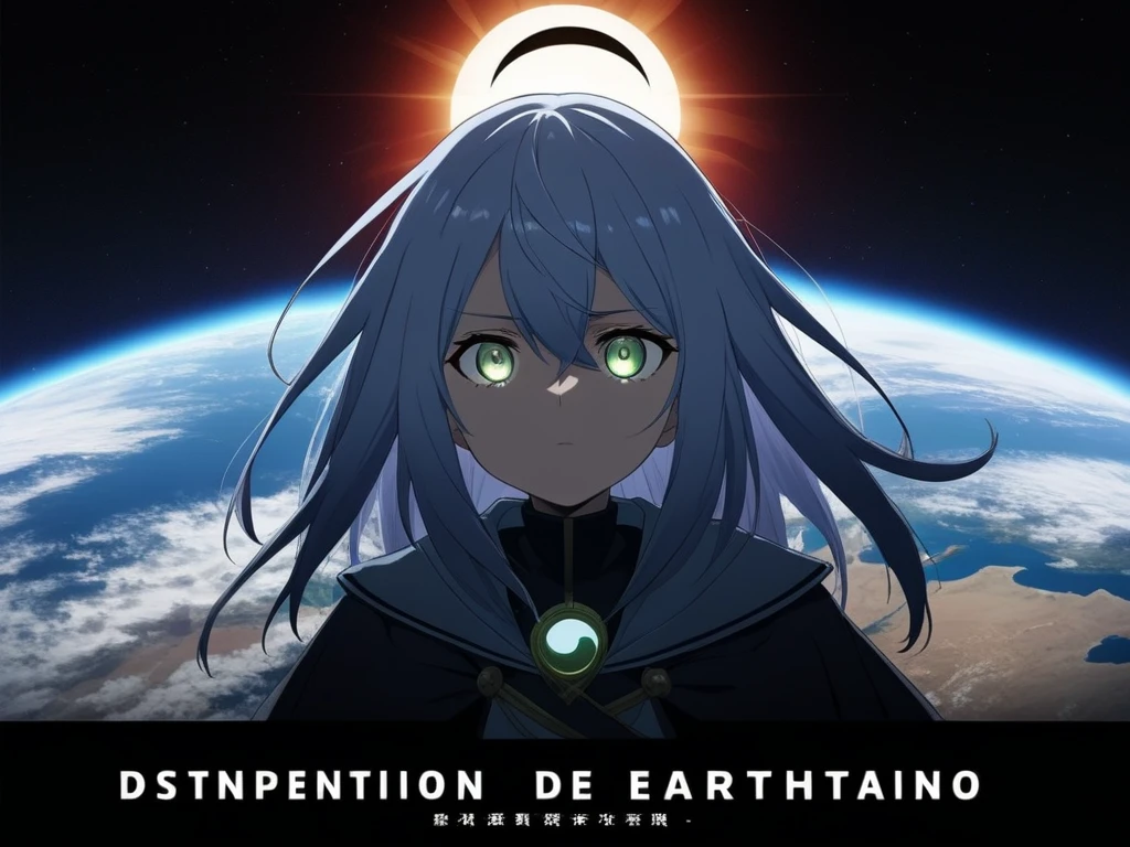 ((highest quality)), ((masterpiece)), ((detailed)), A manga anime cover with high quality. Central persistent girl character with bright eyes, determination, and a black aura around her, in a conflict pose. Distorted view of the earth in the background. Title: "Solara Eclipse: A Corrupção do Destino".