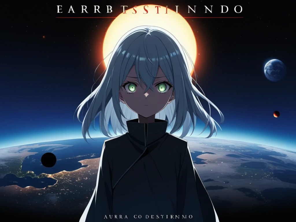 ((highest quality)), ((masterpiece)), ((detailed)), A manga anime cover with high quality. Central persistent girl character with bright eyes, determination, and a black aura around her, in a conflict pose. Distorted view of the earth in the background. Title: "Solara Eclipse: A Corrupção do Destino".