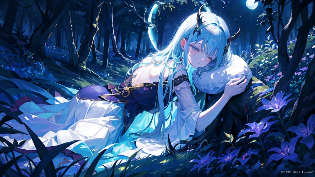 In a clearing hidden in the heart of the enchanted forest, a young demon girl rests peacefully under the silver glow of the moon. Its dark skin contrasts with its folded iridescent wings, which cover it like a protective blanket. Its delicately curved horns glow faintly, and a lock of jet-colored hair falls gracefully across its serene face. Around her, the vegetation seems to vibrate gently, as if nature itself was respecting her sleep. The atmosphere is full of mystery and magic, while the silence of the night is broken only by the whisper of the wind and the distant song of nocturnal creatures.