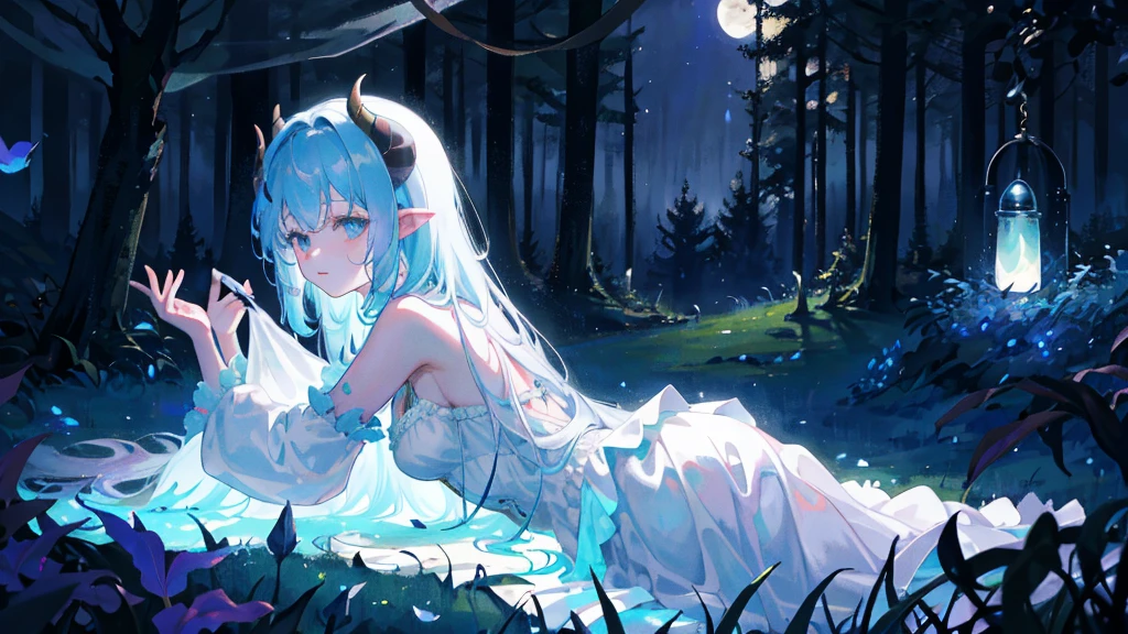 In a clearing hidden in the heart of the enchanted forest, a young demon girl rests peacefully under the silver glow of the moon. Its dark skin contrasts with its folded iridescent wings, which cover it like a protective blanket. Its delicately curved horns glow faintly, and a lock of jet-colored hair falls gracefully across its serene face. Around her, the vegetation seems to vibrate gently, as if nature itself was respecting her sleep. The atmosphere is full of mystery and magic, while the silence of the night is broken only by the whisper of the wind and the distant song of nocturnal creatures.