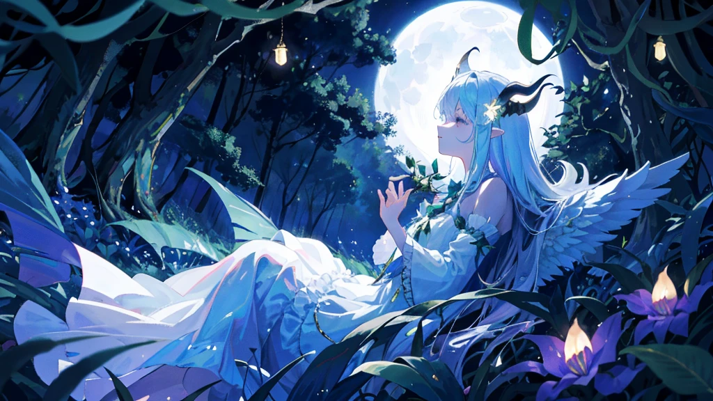 In a clearing hidden in the heart of the enchanted forest, a young demon girl rests peacefully under the silver glow of the moon. Its dark skin contrasts with its folded iridescent wings, which cover it like a protective blanket. Its delicately curved horns glow faintly, and a lock of jet-colored hair falls gracefully across its serene face. Around her, the vegetation seems to vibrate gently, as if nature itself was respecting her sleep. The atmosphere is full of mystery and magic, while the silence of the night is broken only by the whisper of the wind and the distant song of nocturnal creatures.