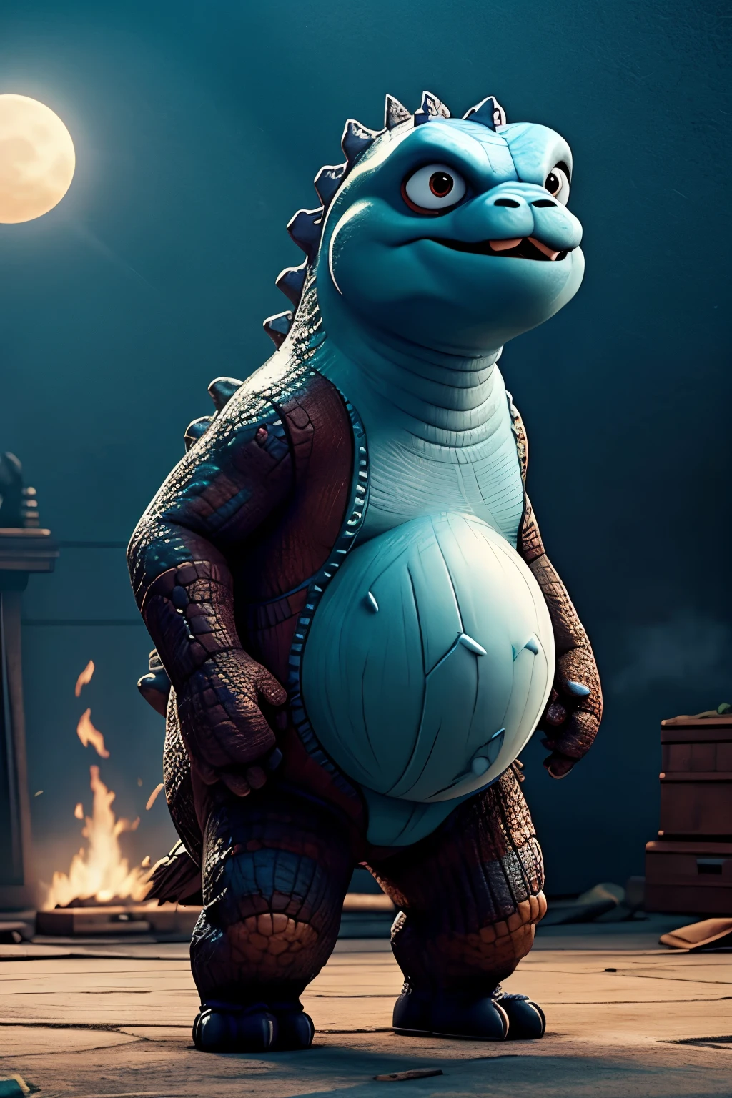 El musculoso James P Sullivan con los brazos cruzados muscular, pervert face , sudadera sin mangas mega big ass naked, big bulge between legs, con su cola de reptil con un big dick entre sus piernas, showing big ass ((there is an x shaped scar on his chest))
