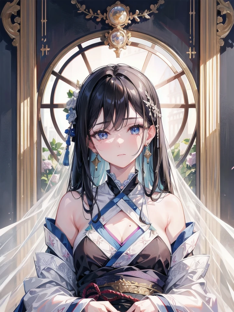 absurdres, RAW photo, extremely delicate and beautiful, masterpiece, Best Quality, ultra high resolution, 32k, hyperrealistic, ultra-detailed, delicate facial features, beautiful detailed woman, tearful mole, earring, medium breasts, full body shot, medium hair, black hair, Hanfu,