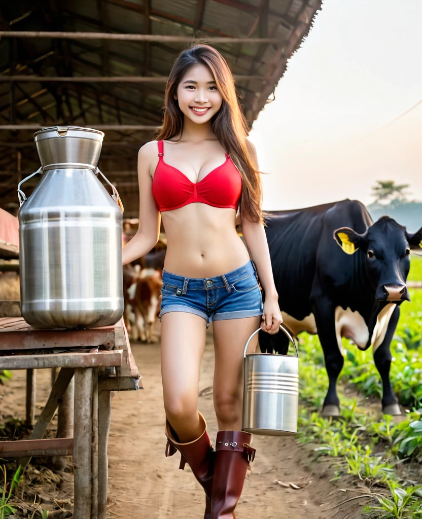 Thai woman teenage, brown long hair, smile, large breasts, nipple, wear red bikini bra, denim short, brown boots, in cow farm, with Stainless Steel Milk Can 20 Liter, before sunset , 6 P.M.