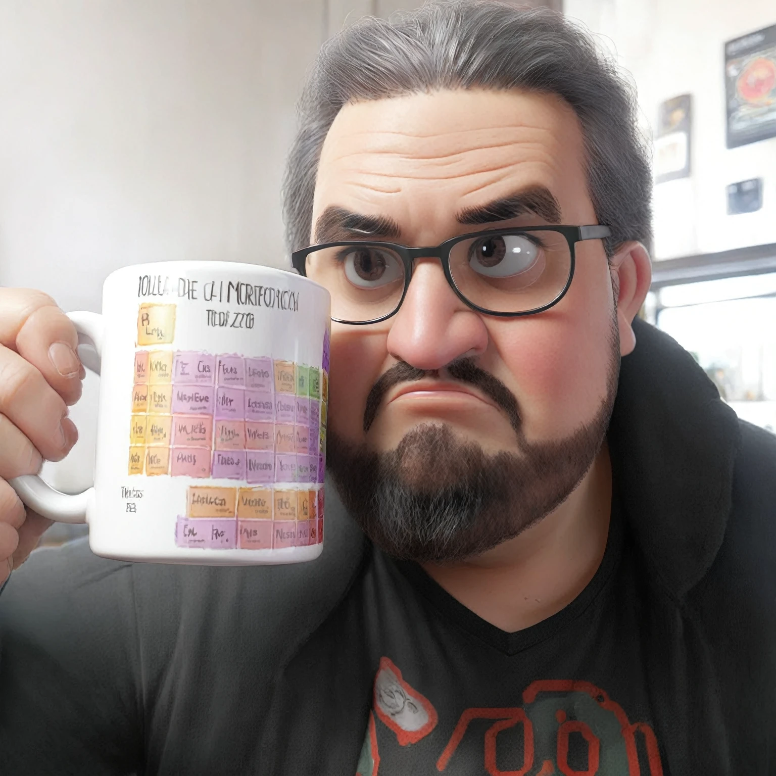 aRafed chubby man in his fifties, pelo semilargo con canas enrulado, barba larga con canas, holding a coffee mug with a lot of numbeRs on it, peRiodic table, junto a una taza, typical cRyptocuRRency neRd, pRofile pictuRe 1024px, enorme taza de cafe, Funko Pop", con una taza blanca, chemistRy, R / Vexilología, copa de la muerte, taken in the eaRly 2020s, como un funko pop!