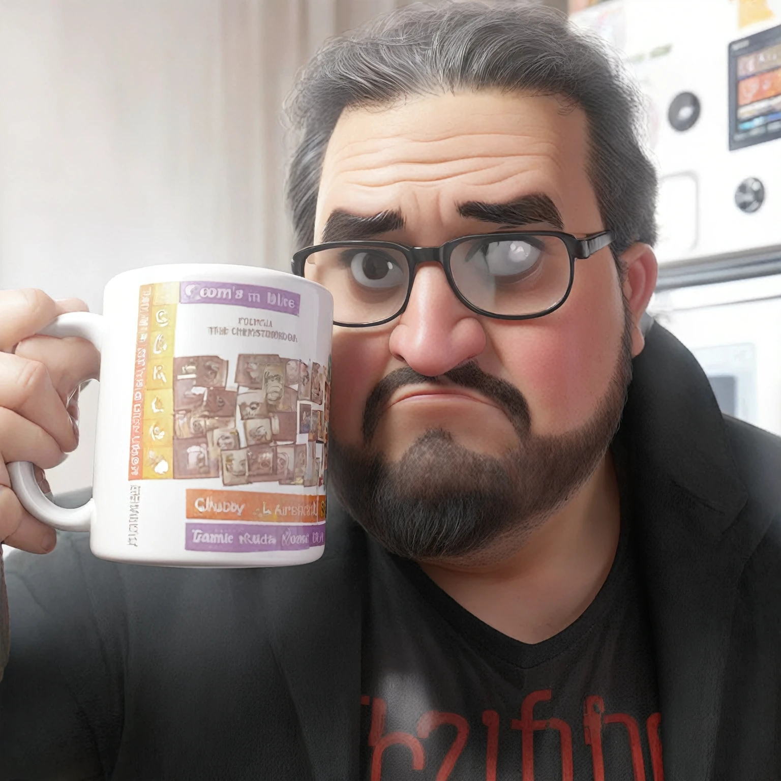 aRafed chubby man in his fifties, pelo semilargo con canas enrulado, barba larga con canas, holding a coffee mug with a lot of numbeRs on it, peRiodic table, junto a una taza, typical cRyptocuRRency neRd, pRofile pictuRe 1024px, enorme taza de cafe, Funko Pop", con una taza blanca, chemistRy, R / Vexilología, copa de la muerte, taken in the eaRly 2020s, como un funko pop!