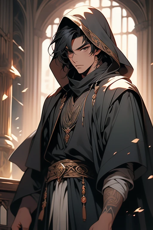 male, adult, black silky hair, grey eyes, beautiful face, handsome, tattoos, court wizard, hooded scarf, robes and trousers, rogue mage, medieval fantasy, embarrassed