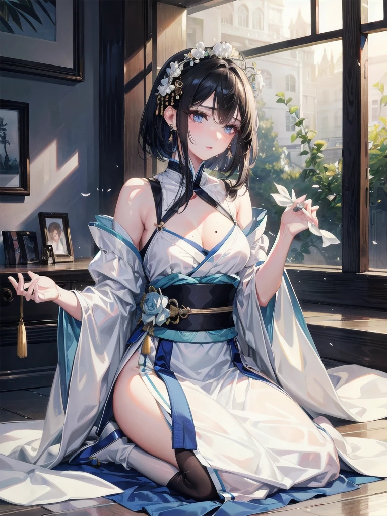 absurdres, RAW photo, extremely delicate and beautiful, masterpiece, Best Quality, ultra high resolution, 32k, hyperrealistic, ultra-detailed, delicate facial features, beautiful detailed woman, tearful mole, earring, medium breasts, full body shot, medium hair, black hair, Hanfu,