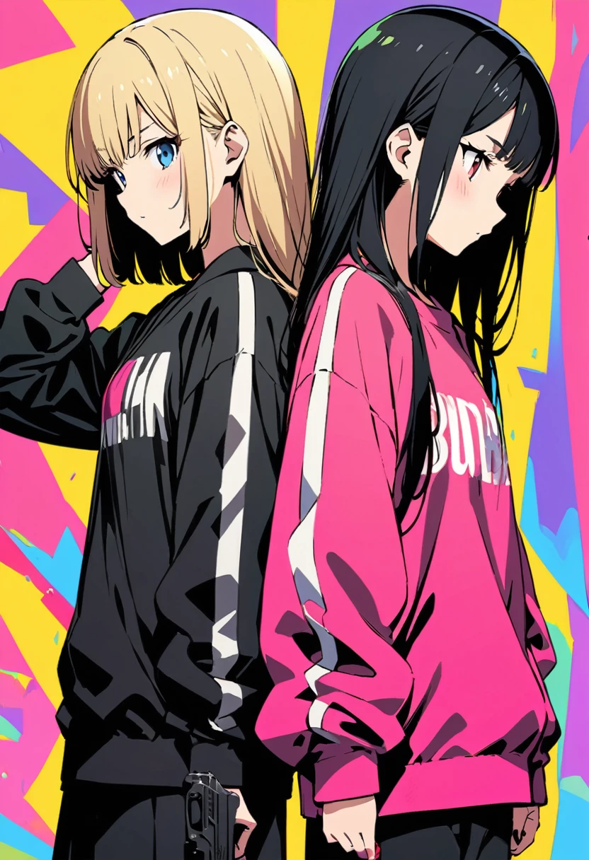 (japanese anime illustration),(best quality, masterpiece, ultra highres, ultra-detailed:1.2) ,(two girls,stand back to back),buddy,,cute,hitgirl,1Girl with long-black hair and 1girl with short-blonde hair,has handgun,colorful background,latest fashion,