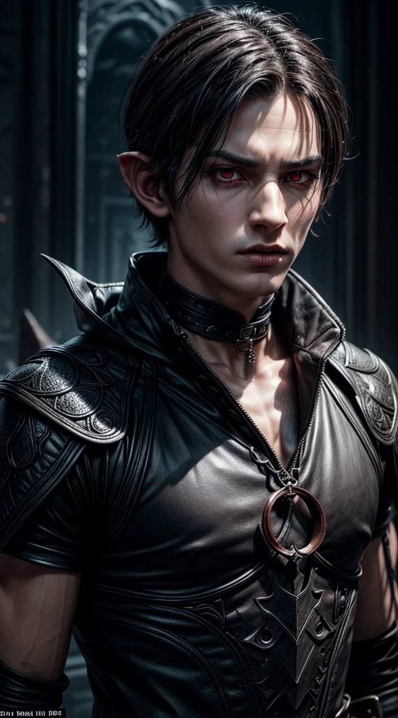 a male tiefling, demonic horns, short black hair, pointed ears, dark atmosphere, fantasy character, male, extremely detailed face and features, beautiful detailed eyes, beautiful detailed lips, longeyes lashes, muscular build, ornate demonic armor, glowing red eyes, dark fantasy, dramatic lighting, moody, cinematic composition, epic scale, photorealistic, high quality, 8k, best quality