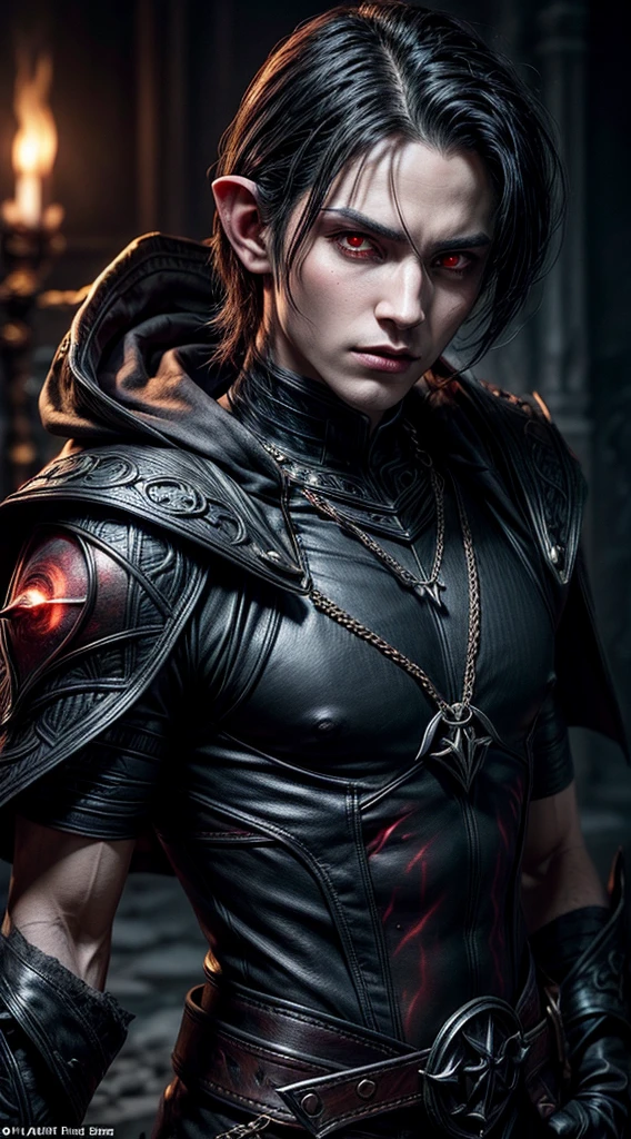 a male tiefling, demonic horns, short black hair, pointed ears, dark atmosphere, fantasy character, male, extremely detailed face and features, beautiful detailed eyes, beautiful detailed lips, longeyes lashes, muscular build, ornate demonic armor, glowing red eyes, dark fantasy, dramatic lighting, moody, cinematic composition, epic scale, photorealistic, high quality, 8k, best quality