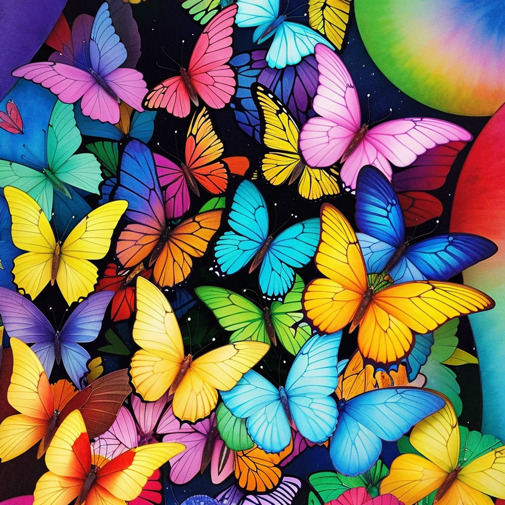 ((Highest quality)), ((masterpiece)), (detailed), butterfly々、Rainbow colors、Deformation、An illustration、Watercolor、One、Center of screen