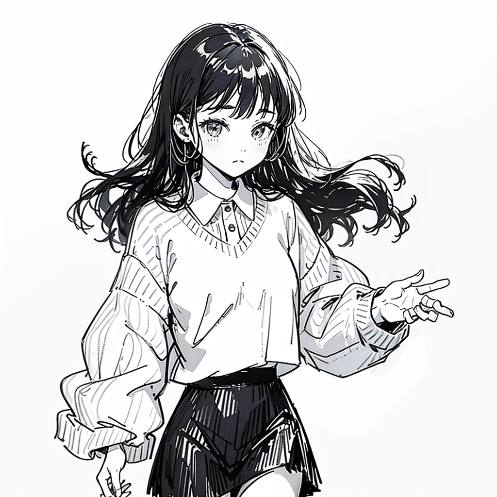 One Girl,Line art,Monochrome,sketch,Pencil drawing,Traditional Media,One Girl, Upper body,She's in trouble,pattern,sweater,Beaver ,Delicate body、mini skirt、black tights、Open leg pose、, Long sleeve, With legs apart, alone、(Cute Teenage Girl, alone),Beautiful portrait、Respect、Crying face、Seeking help、Black-haired、