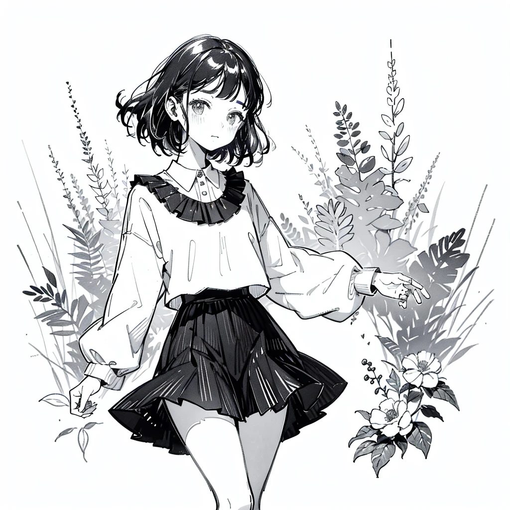 One Girl,Line art,Monochrome,sketch,Pencil drawing,Traditional Media,One Girl, skirt,Cute Girls, ,Beautiful portrait、Delicate body、Black Hair、Black Hair,landscape,Black and White