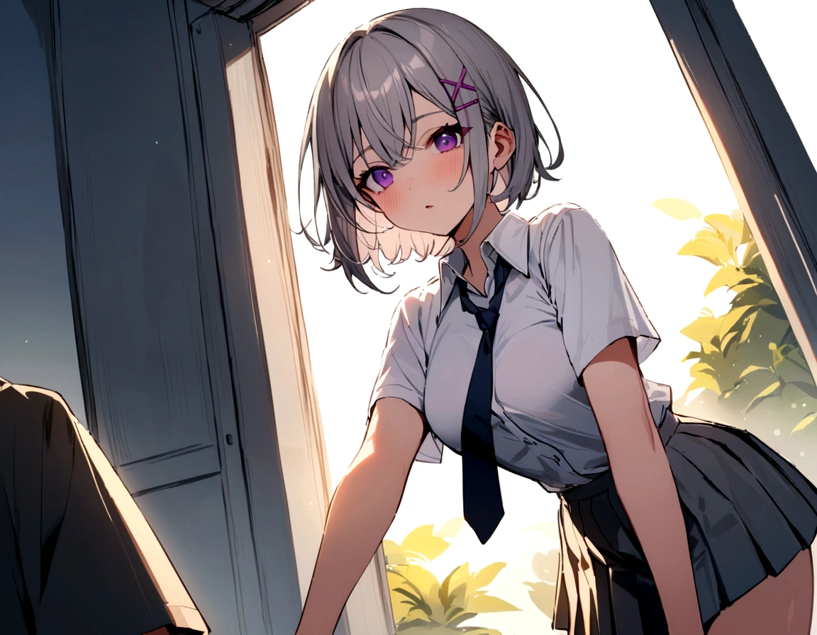 short hair, (Gray Hair:1.2), X Hair Ornament, Purple eyes,tie, girl,One person, Collared shirt, White shirt, Short sleeve, Pleated skirt, student, Highest quality, masterpiece, High resolution, summer,